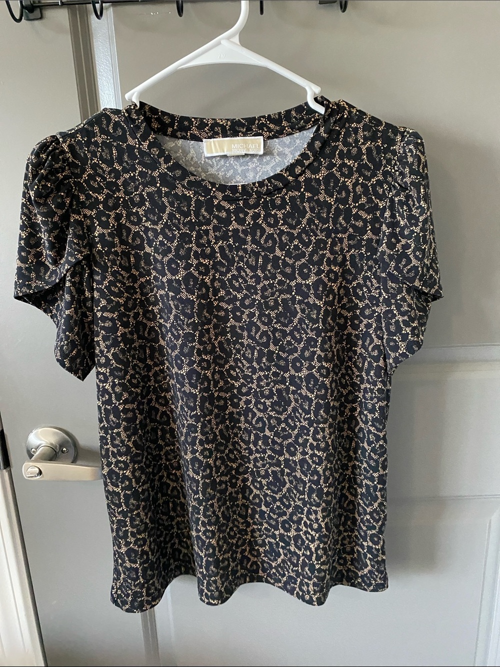Michael Kors Black Short Sleeve Top with Leopard Print